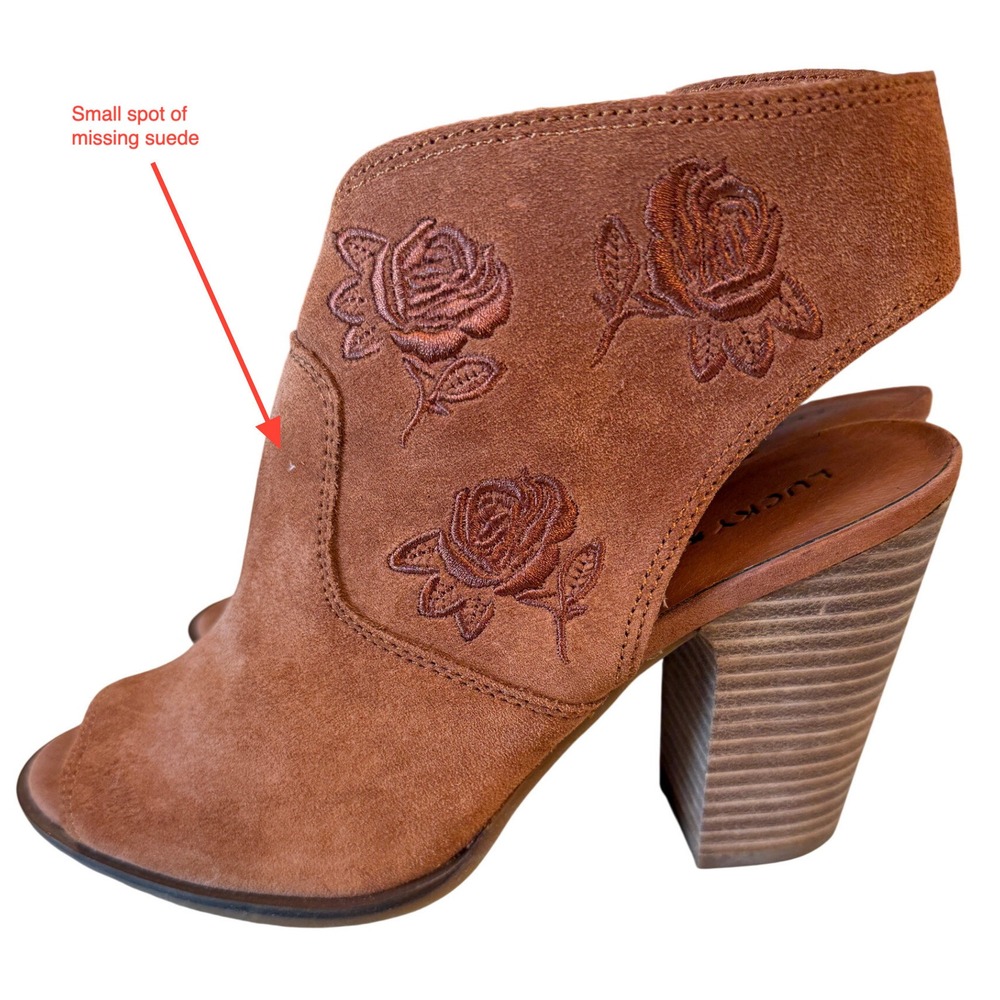 Lucky Brand Llstana Womens Brown Suede Rose Embroidered Peep Toe Booties Sz 9.5M - Picture 5 of 11
